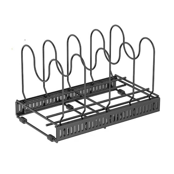 Black Expandable Pan and Lid Organizer Rack Adjustable Pot Rack for Cabinet Drawer Bakeware Storage Handle Bar