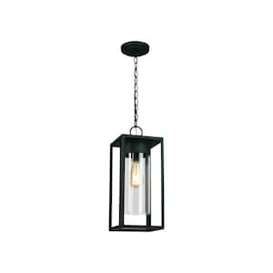 Walker Hill 7.36 in. W x 15 in H 1-Light Matte Black Transitional Outdoor Pendant Light with Clear Glass Shade