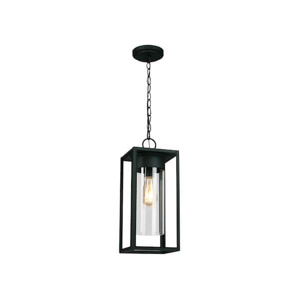 Eglo Walker Hill 7.36 in. W x 15 in H 1-Light Matte Black Transitional Outdoor Pendant Light with Clear Glass Shade
