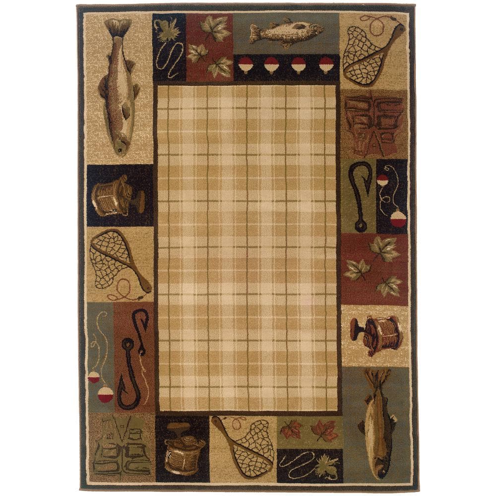Hickory Beige/Black 5 ft. x 8 ft. Fishing Border Area Rug