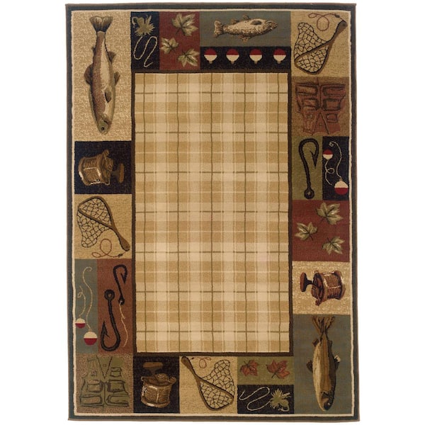 Unbranded Hickory Beige/Black 5 ft. x 8 ft. Fishing Border Area Rug