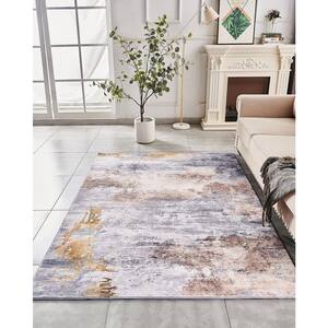 Multi-Colored 5 ft. x 6.6 ft. Abstract Design Gray Brown Rust Machine Washable Super Soft Area Rug