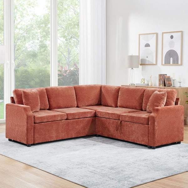 81.9 in. Slope Arm Chenille Sectional Sofa with a Sofa Sleeper and a Hidden Storage Compartment in. Orange