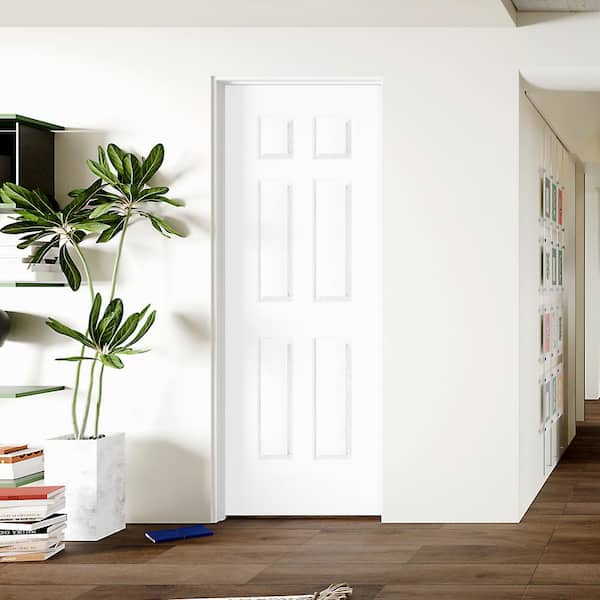 30 in. x 80 in. 6-Panel, Composite, White Primed, MDF Prehung Interior Door Left-Handed with Door Jamb and Hardware Kit
