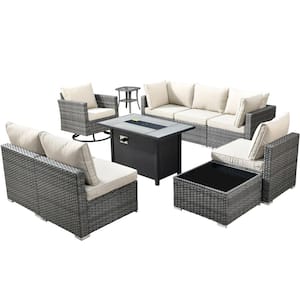 Sanibel Gray 10-Piece Wicker Patio Conversation Sofa Set with a Swivel Chair, a Metal Fire Pit and Beige Cushions