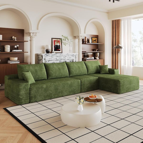 Yumi 135 in. Square Arms Corduroy Deep Seat Modular Compressed Cloud Sectional Sofa in Green with Chaise, Right Facing