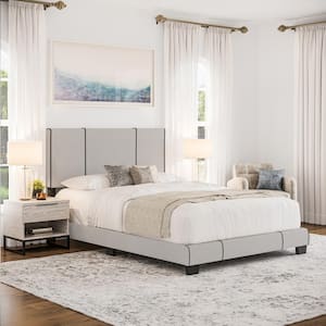 Lucena Taupe Linen with Black Accents Queen Upholstered Bed Frame with Headboard
