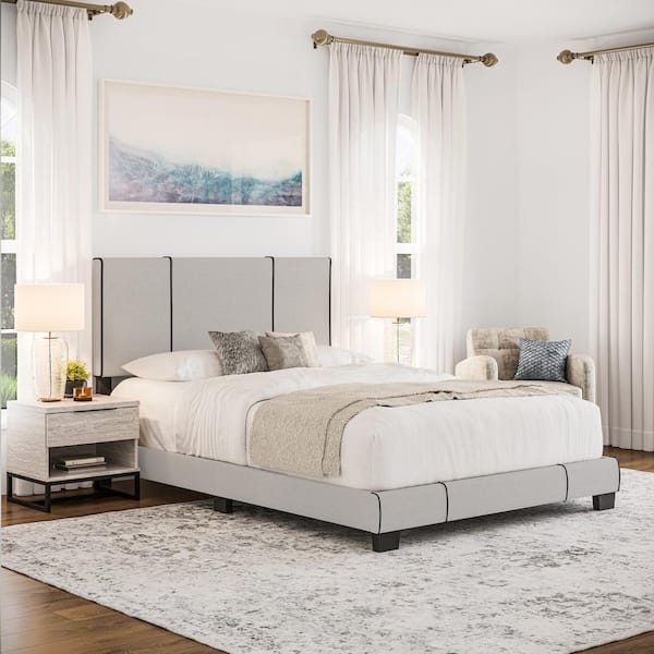 Boyd Sleep Lucena Taupe Linen with Black Accents Queen Upholstered Bed Frame with Headboard