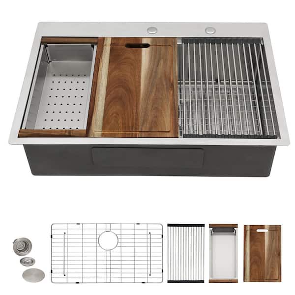 33 in. Drop-In Single Bowl Workstation Kitchen Sink, 16-Gauge 304 Stainless Steel Topmount sink Basin with Accessories