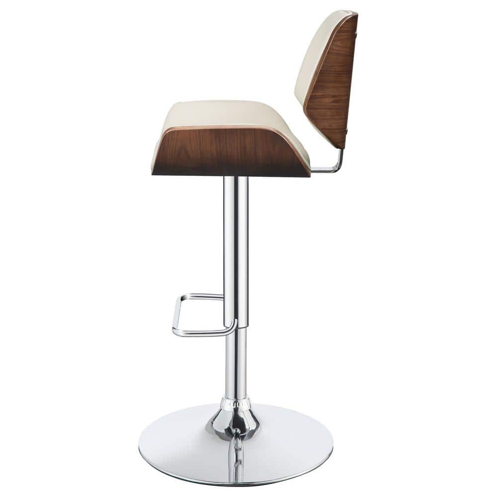 Cream Faux Leather Adjustable Swivel Bar Stool with Walnut Wood
