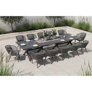 14-Piece All-Weather Wicker Outdoor Dining Set with Table All Aluminum Frame and Grey Cushions for Garden Backyard Deck