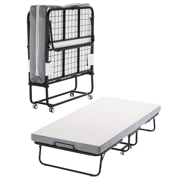 Rollaway Bed, 38 in. x 75 in. Folding Bed with 4 in. Mattress, Twin Size Foldable Bed with Sturdy Metal White Cushion
