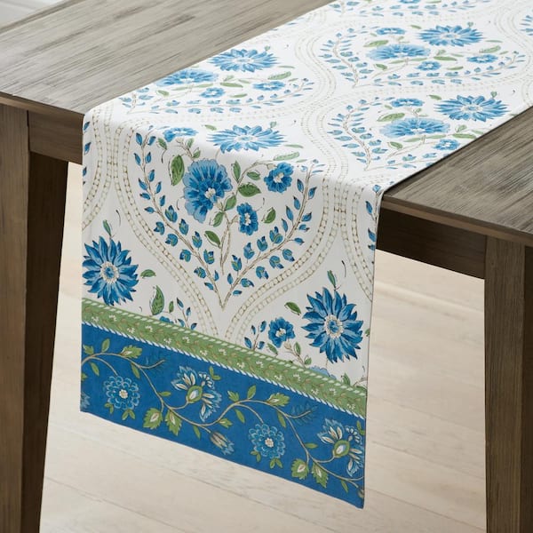 The Company Store Neroli Tabletop 16 in. W x 90 in. L Blue Floral Cotton Table Runner