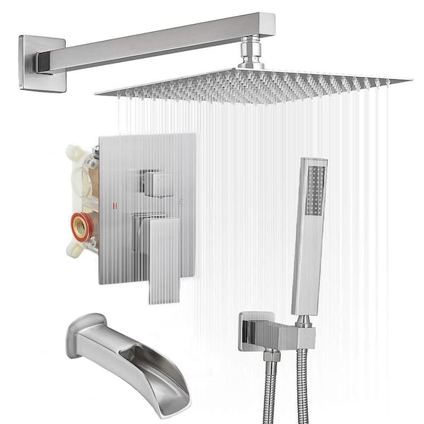 Wall Mounted Shower System with Tub Spout, 10 in. Rain Shower Head and Handheld Shower