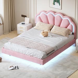Floating Style Pink Wood Frame Queen Size Upholstered Platform Bed with Smart LED and Elegant Flower Pattern Headboard