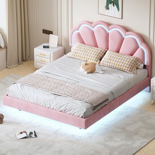 Harper & Bright Designs Floating Style Pink Wood Frame Queen Size Upholstered Platform Bed with Smart LED and Elegant Flower Pattern Headboard