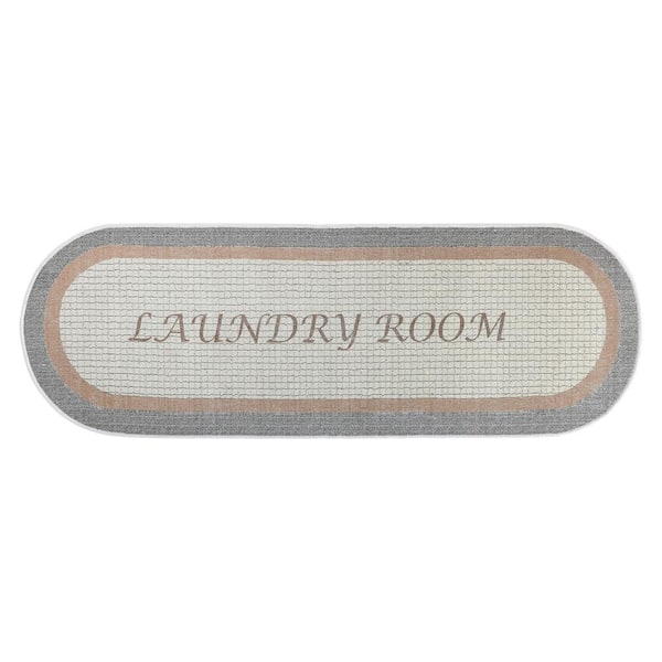 SUSSEXHOME Laundry Room Gray-Brown 1 ft 8 in. x 4 ft 11 in. Cotton Oval Runner Rug