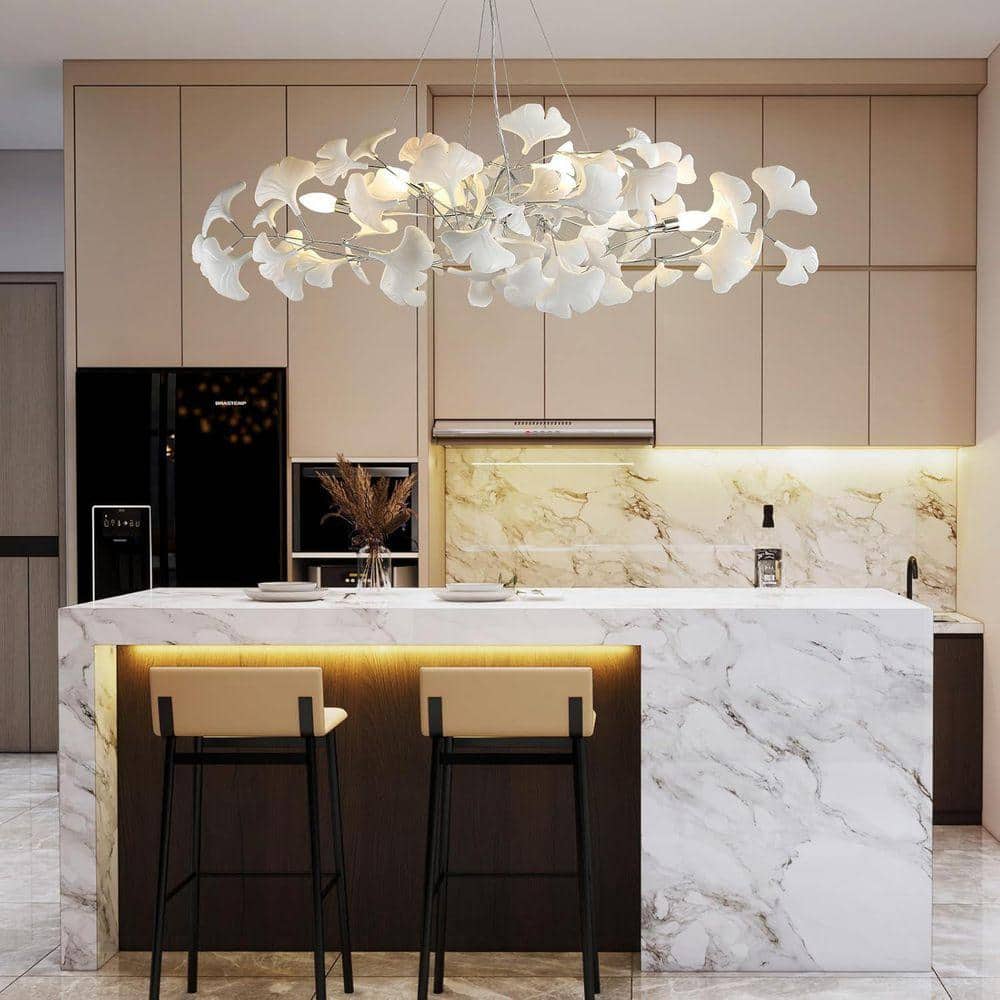 Gleam Flare 9-Light Silver Chandelier, Luxury Ceramic Ginkgo