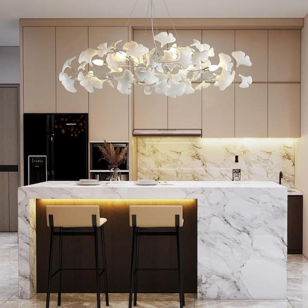 9-Light Silver Chandelier, Luxury Ceramic Ginkgo Branch Chandelier for Living Room, Dining Room, Kitchen Island-L47 in.