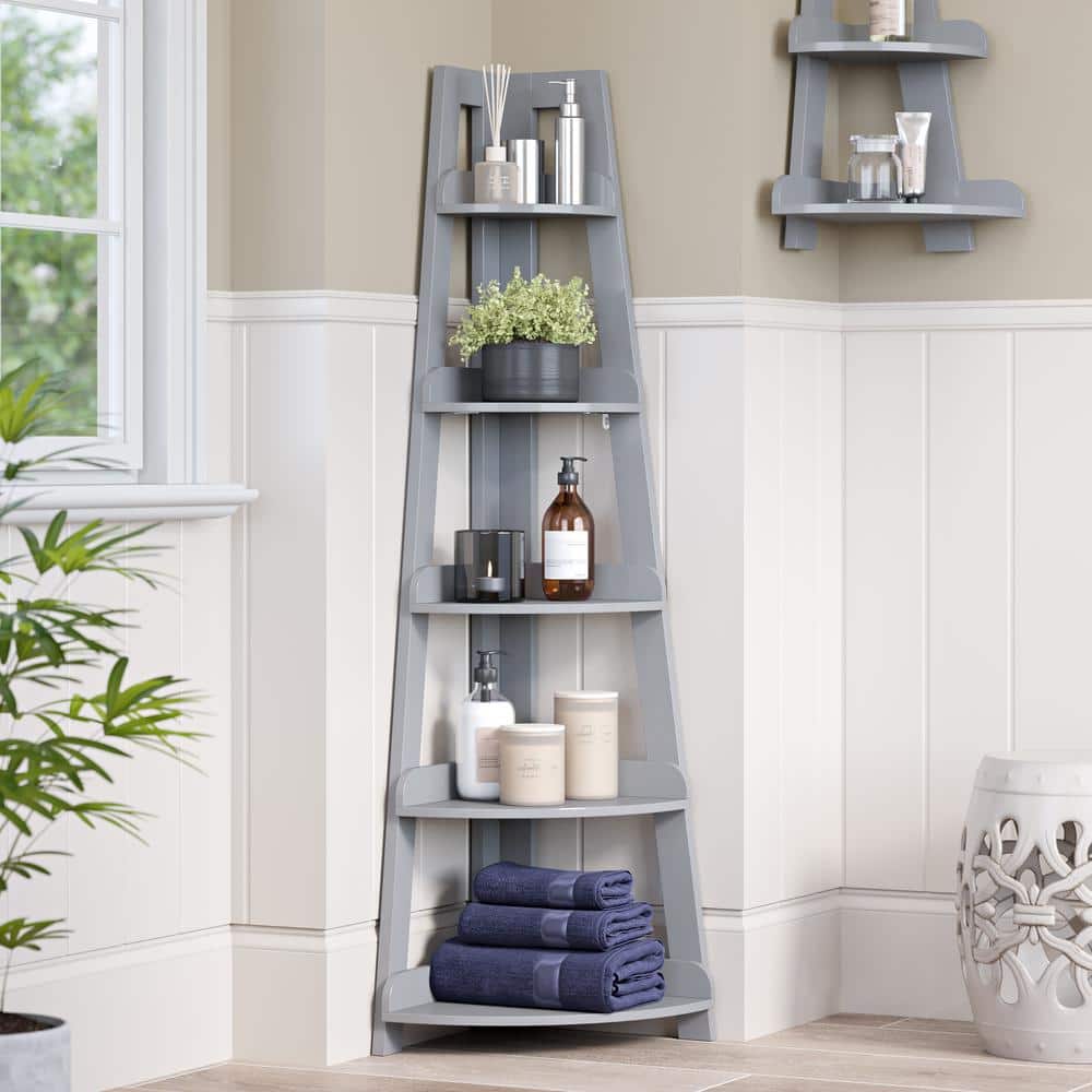 Gray 5-Tier MDF Corner Ladder Bookshelf
