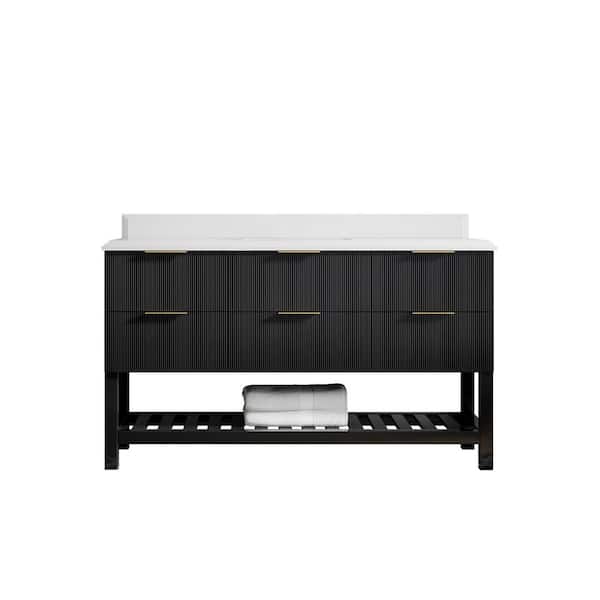 Willow Collections Catalina 60 in. W x 22 in. D x 36 in. H Single Sink Bath Vanity in Black with 1.5" White Quartz Top