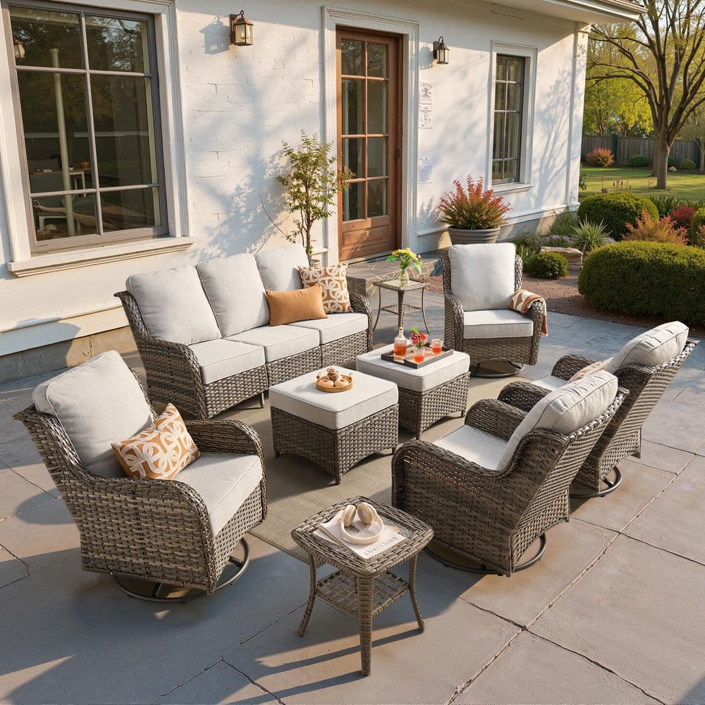 Myrtle 9 Pieces Wicker Outdoor Patio and Swivel Rocking Chairs with Gray Cushions price history on PriceWatchPro
