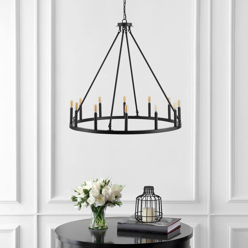 Gio 36" Black Iron Industrial Ring Chandelier with LED Candles
