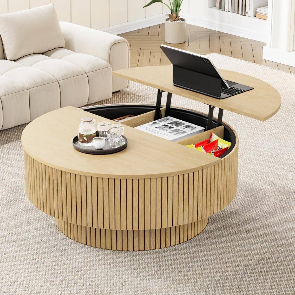 ATHMILE Natural Fluted Round Lift Top Coffee Table, Multi-Level