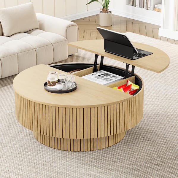 ATHMILE Natural Fluted Round Lift Top Coffee Table, Multi-Level
