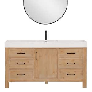 León 60 in. W x 22 in. D x 34 in. H Single Sink Bath Vanity in Fir Wood Brown with White Composite Stone Top and Mirror