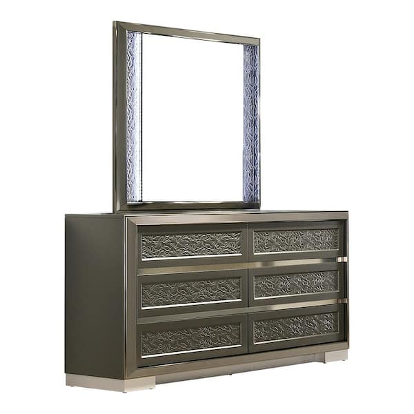 Jena Dark Gray 6-Drawer 63.5 in. Dresser with LED on Mirror and Leaf Pattern Molding