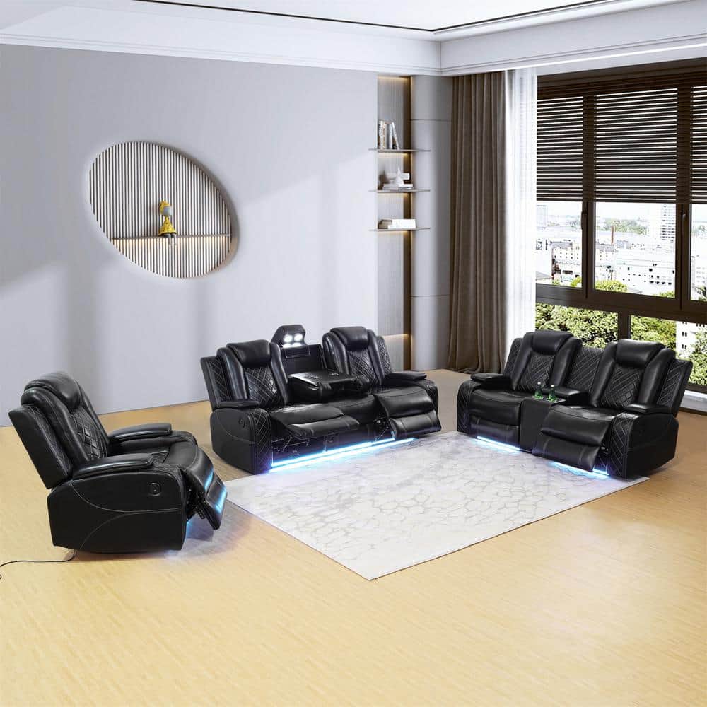 73.5 in. W Pillow Top Arm Faux Leather Rectangle Reclining Sofa in Black