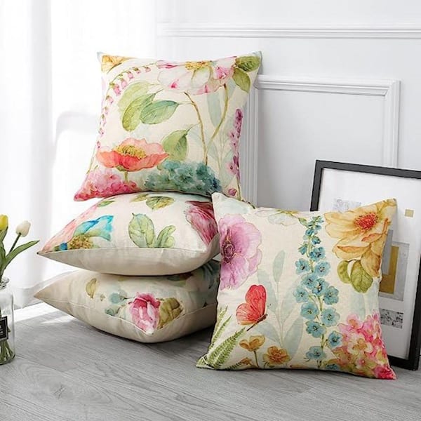 Outdoor Floral Printed Decorative Waterproof Throw Pillow for Patio Garden, Off White 18x18 inch, Pack of 2, Size: 18 inch x 18 inch