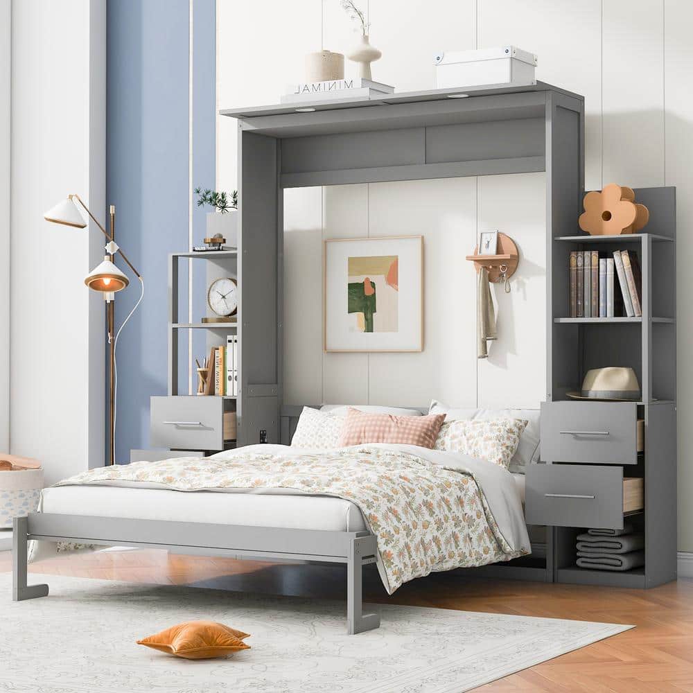 Gray Wood Frame Queen Size Murphy Bed Wall Bed with Shelves 4 Drawer and LED Lights