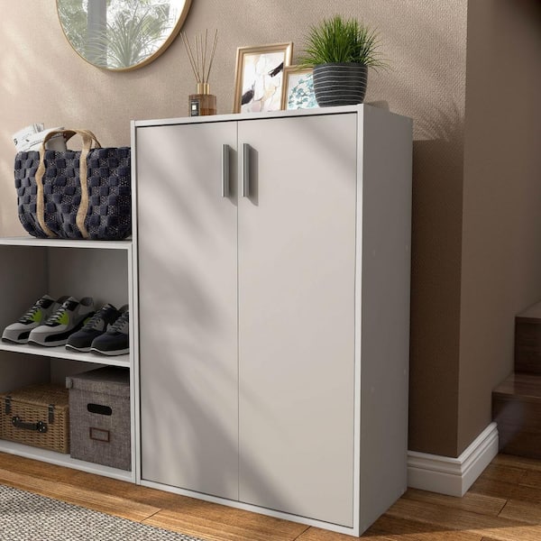 Furniture of America Quincy 35.2 in. Tall Stackable Greige Engineered Wood 3-Shelf Modern Modular Cabinet Bookcase With 2 Doors