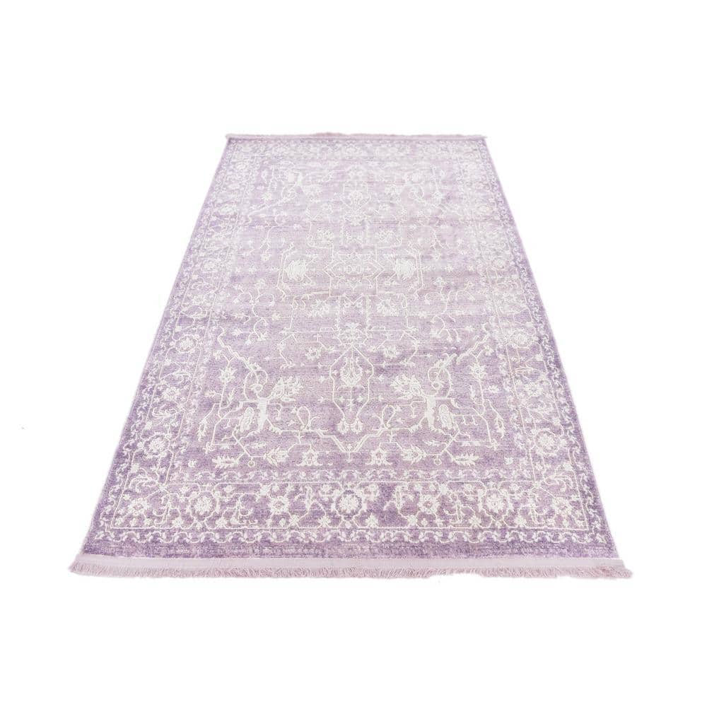 Purple and Ivory Abstract Synthetic Easy Care Rug, 4' x 6'