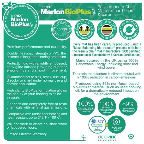 Ecotex Marlon BioPlus Rectangular Polycarbonate Chair Mat for Hard Floors, Rectangular, 35 x 47, Clear