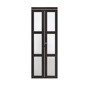 30 in. x 80.5 in. 3-Lite Tempered Frosted Glass Solid Core Dark Brown Finished Bi-Fold Door with Hardware