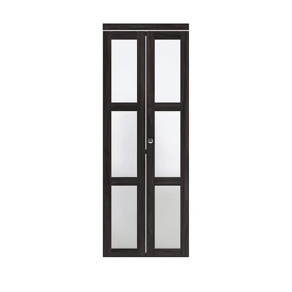 ARK DESIGN 30 in. x 80.5 in. 3-Lite Tempered Frosted Glass Solid Core Dark Brown Finished Bi-Fold Door with Hardware