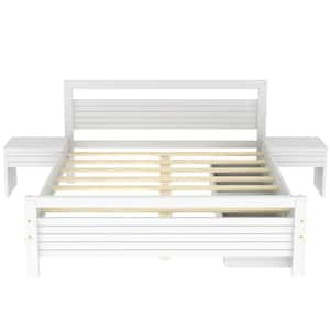 White Wood Frame Queen Platform Bed with 2 Storage Drawers and Bedside tables