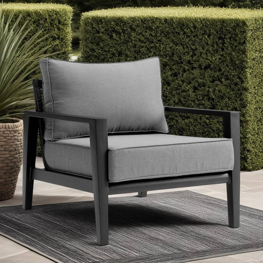 Cayman Black Aluminum Outdoor Lounge Chair with Dark Gray Cushions