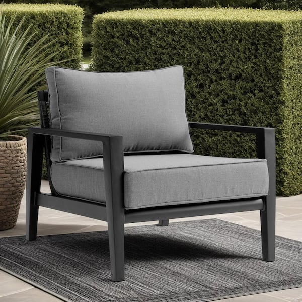 Armen Living Cayman Black Aluminum Outdoor Lounge Chair with Dark Gray Cushion