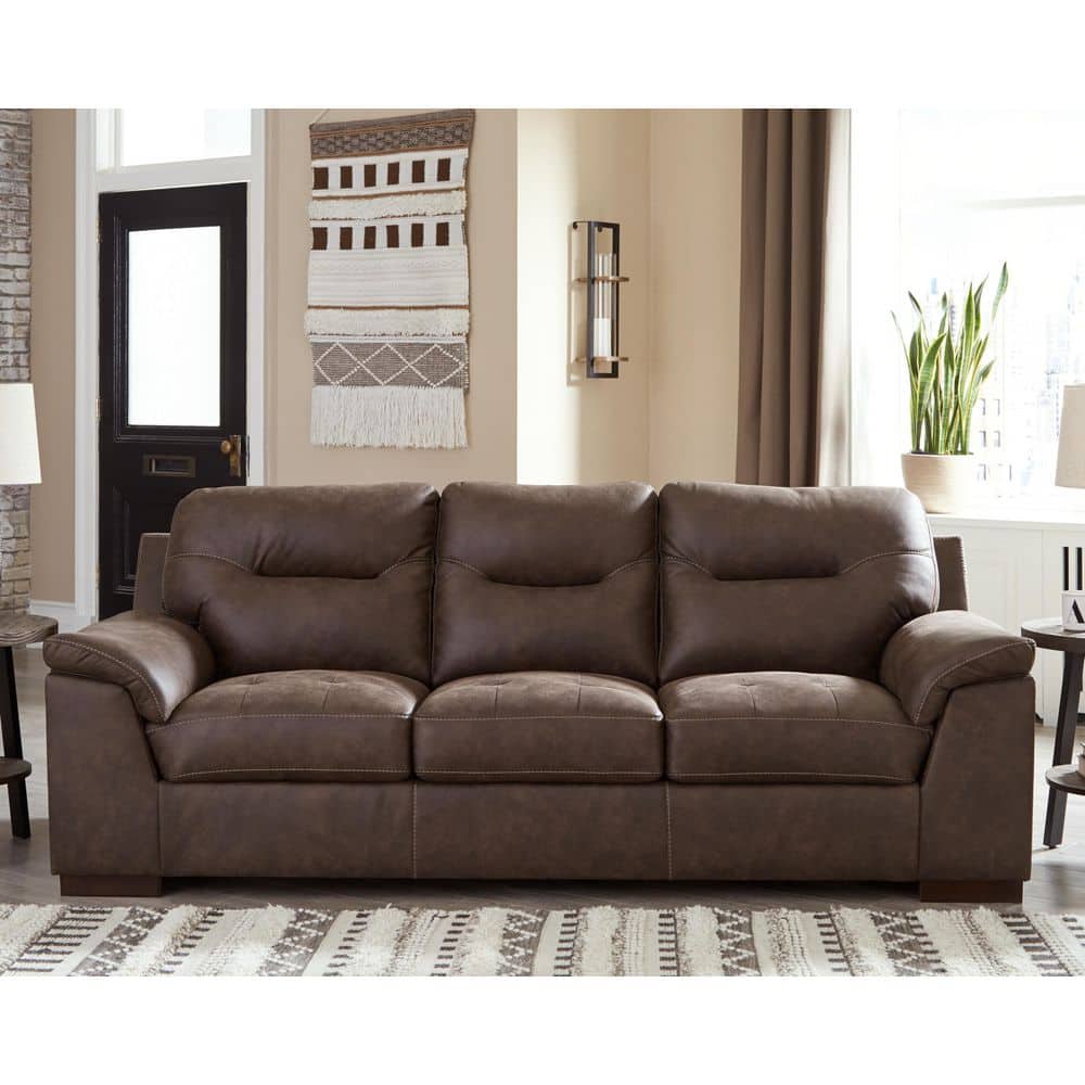 Maderla 96 in. Pillow Top Arm Faux Leather Rectangle Sofa in Brown