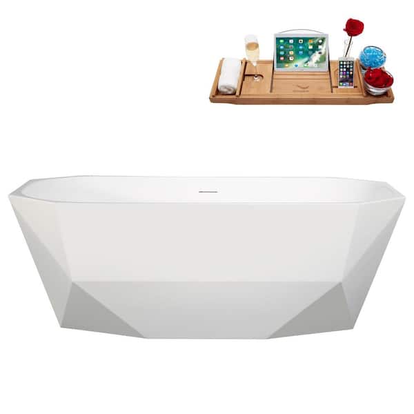 Streamline 63 in. x 30 in. Acrylic Freestanding Soaking Bathtub in Glossy White with Matte Oil Rubbed Bronze Drain, Bamboo Tray