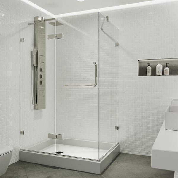 VIGO Monteray 32 in. L x 40 in. W x 79 in. H Frameless Pivot Shower Enclosure Kit in Brushed Nickel with 3/8 in. Clear Glass