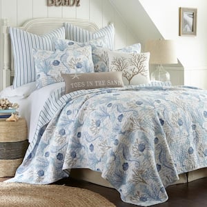 Galapagos 3-Piece Blue and Taupe Cotton Full/Queen Quilt Set