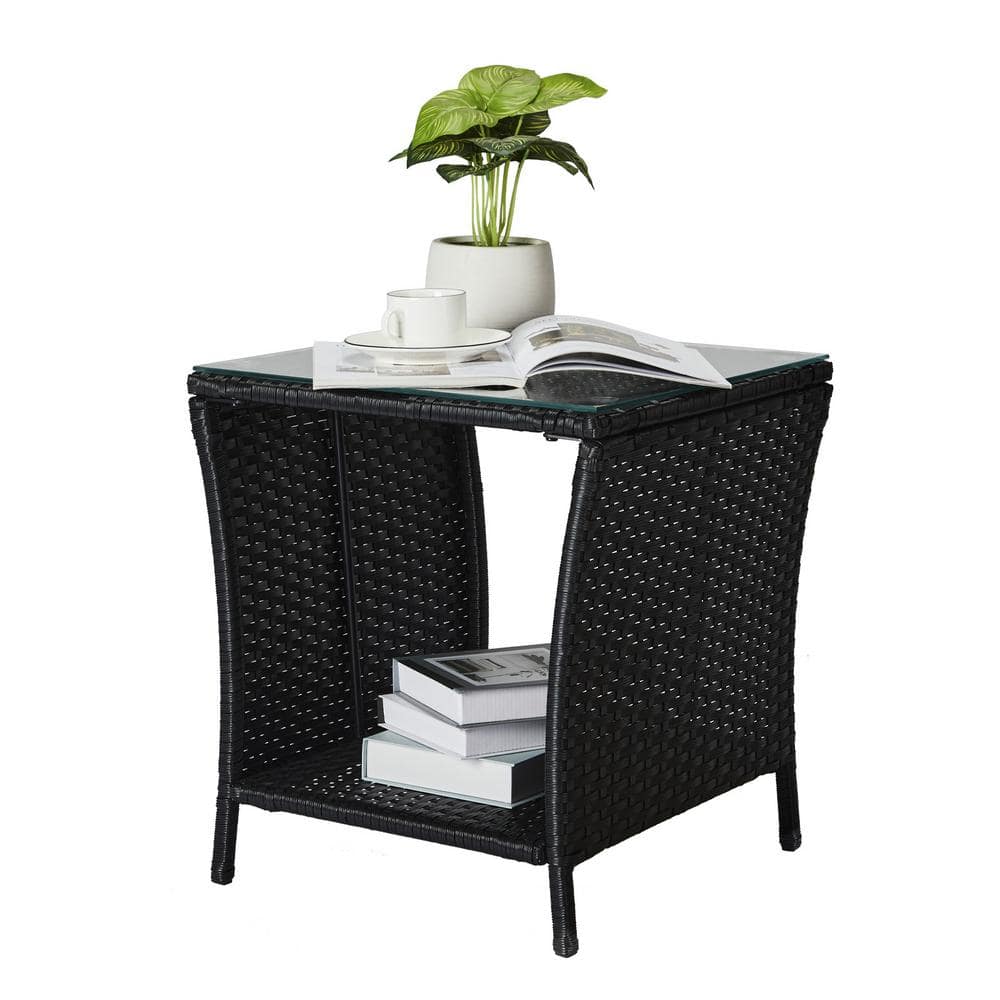 Black Wicker Outdoor Side Table with Glass Top and Storage