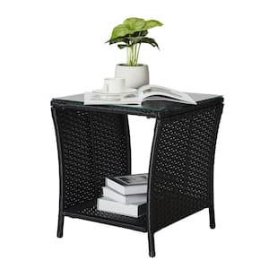 Black Sqaure Wicker Outdoor Side Table with Storage End Table for Balcony Porch Deck