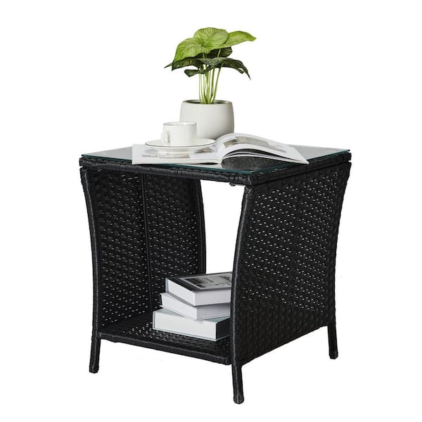 VINGLI Black Sqaure Wicker Outdoor Side Table with Storage End Table for Balcony Porch Deck