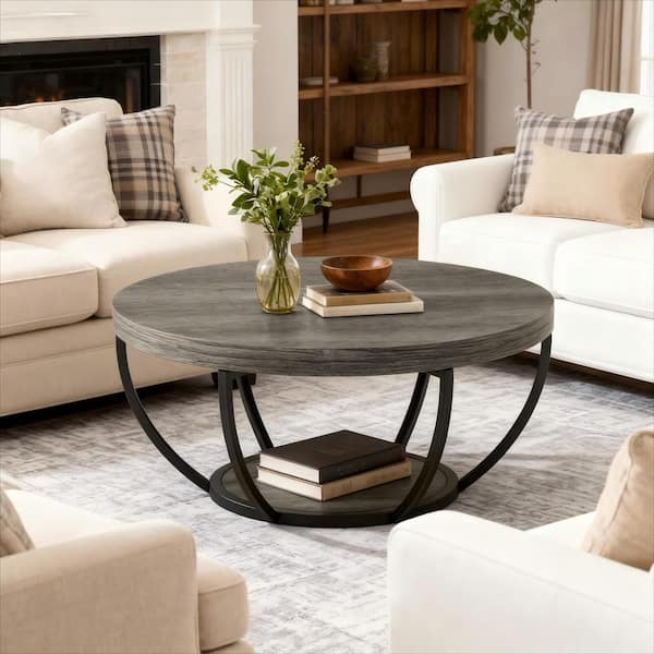 31.7 in. Farmhouse Gray Round Wood Coffee Table with Storage, 2-Tier Small Modern Center Table for Living Room, Office
